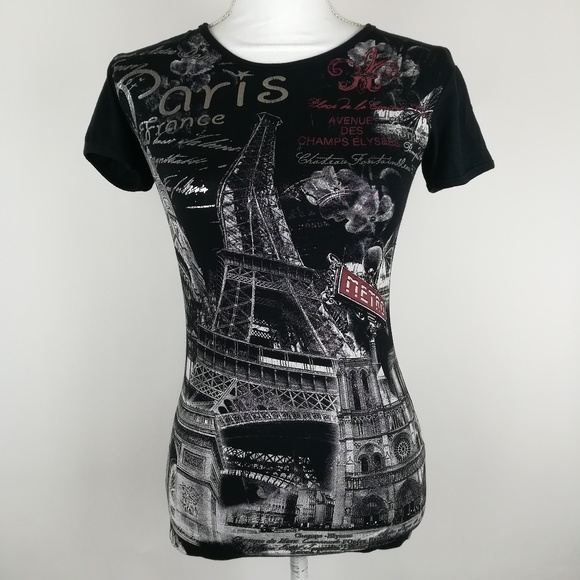 Attitude Paris Tops - Paris themed black graphic t-shirt L